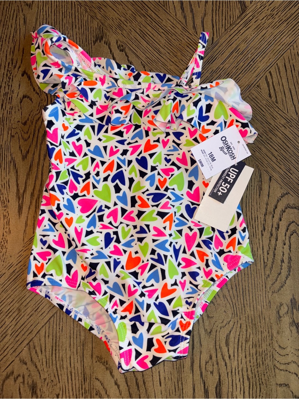 OshKosh B'gosh Girls' Neon Heart One-Shoulder Swimsuit - Multicolor